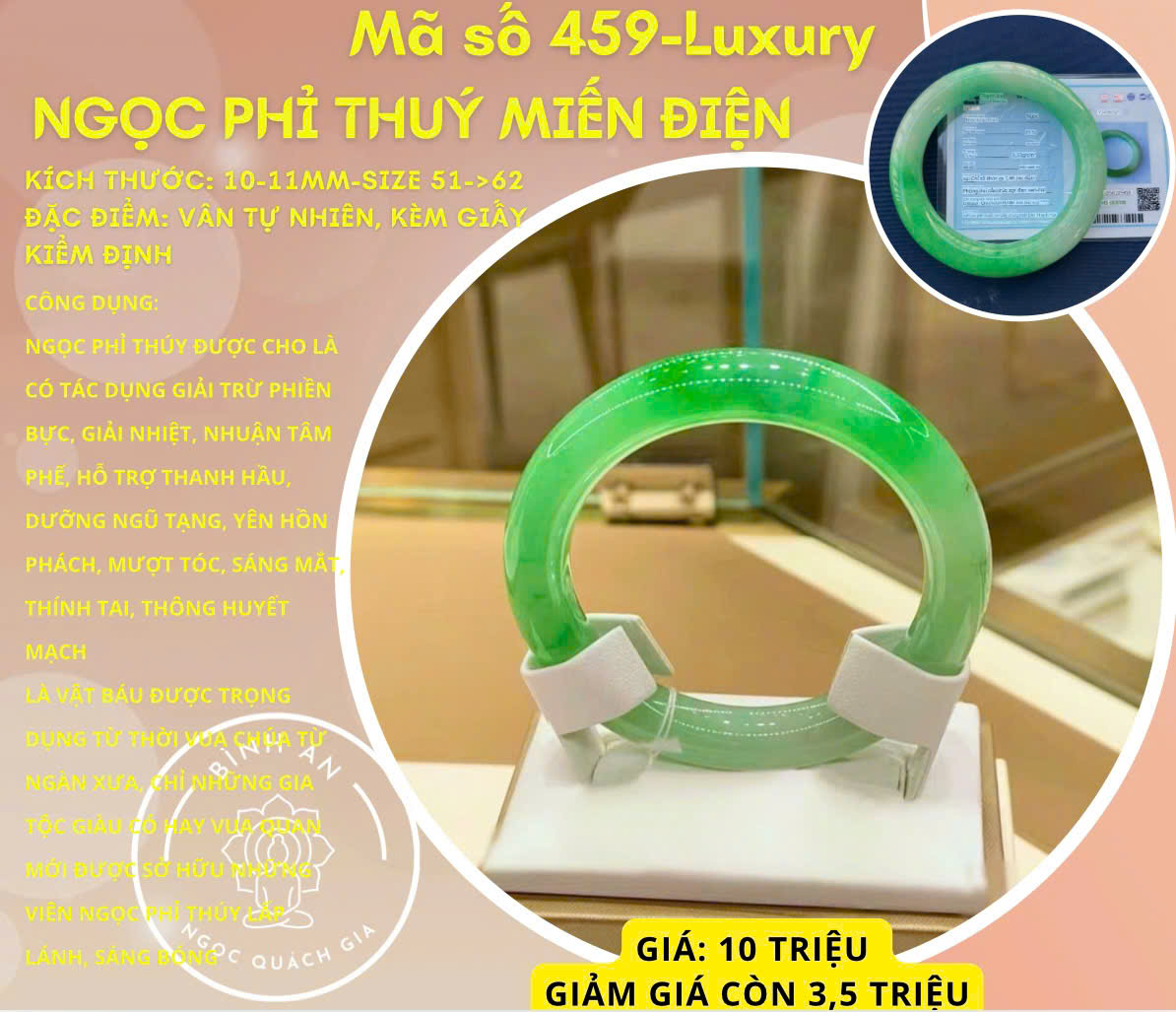 Vòng Tay Ngọc Phỉ Thúy Miến Điện - Mã số 459-Luxury
